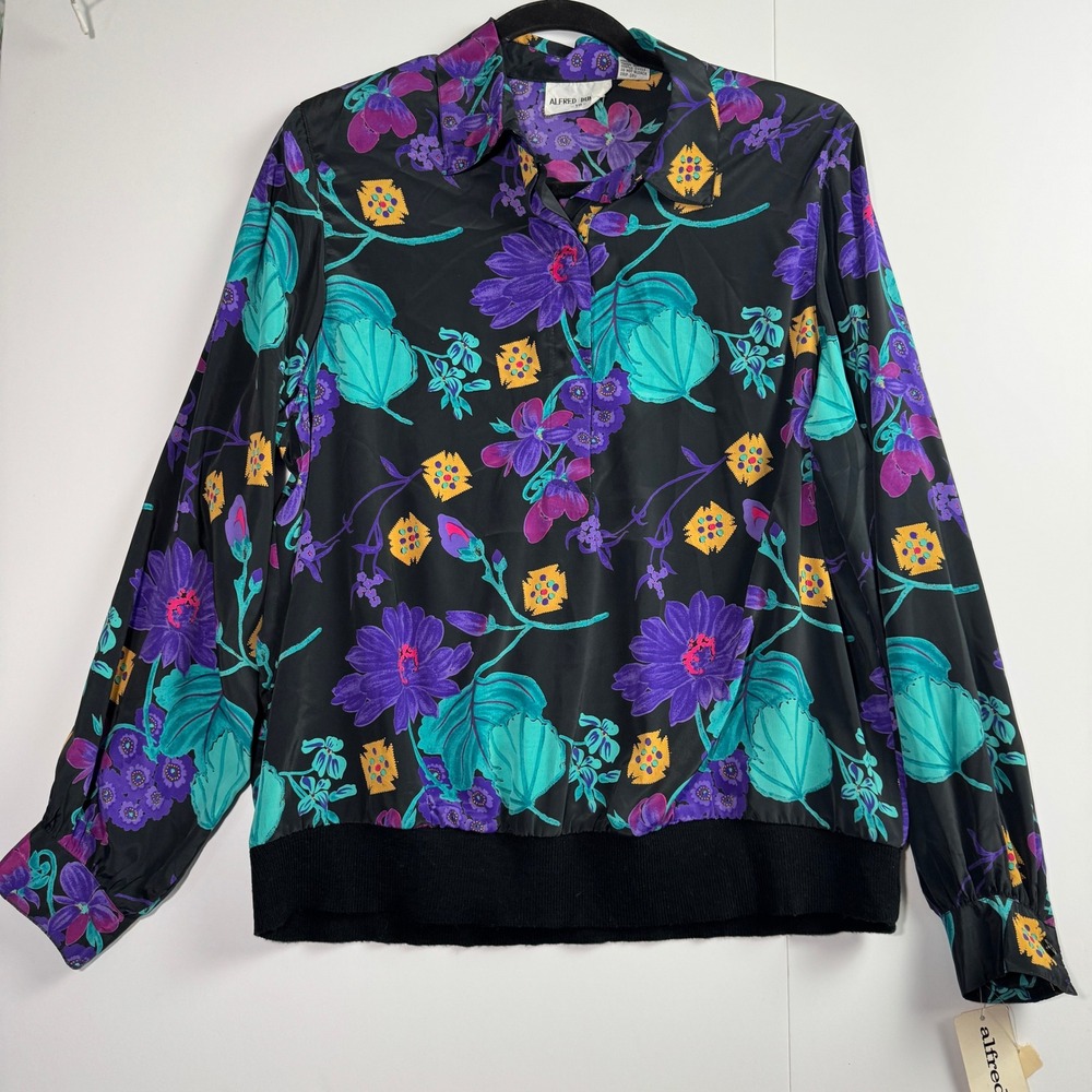 Alfred Dunner Vintage Floral Print Blouse Black Purple Teal NWT Size 18 7830